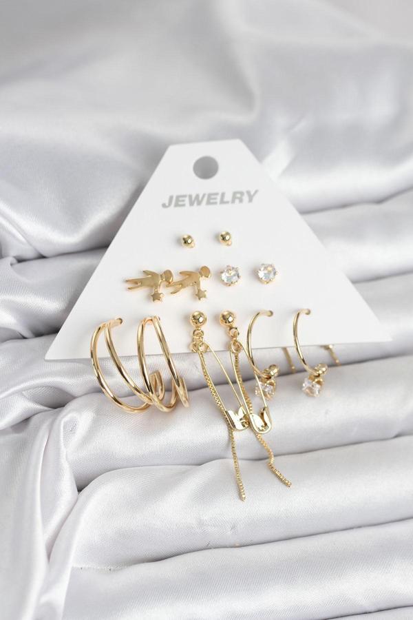 Pirinç Gold Renk 6 Çiftli Kadın Küpe Seti - EBJ251025W38254 - Image 1