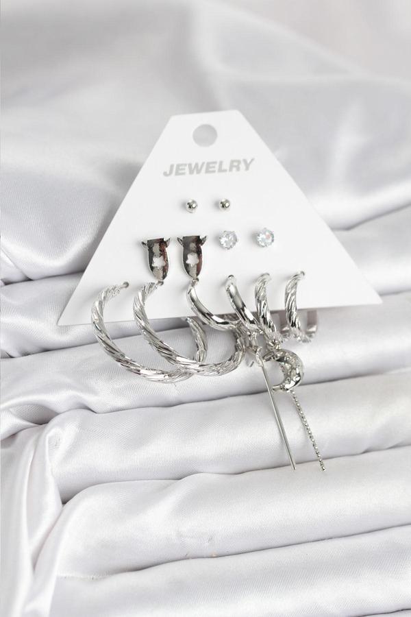 Gümüş Renk Pirinç 6'lı Kadın Küpe Seti - EBJ251025W38262 - Image 1