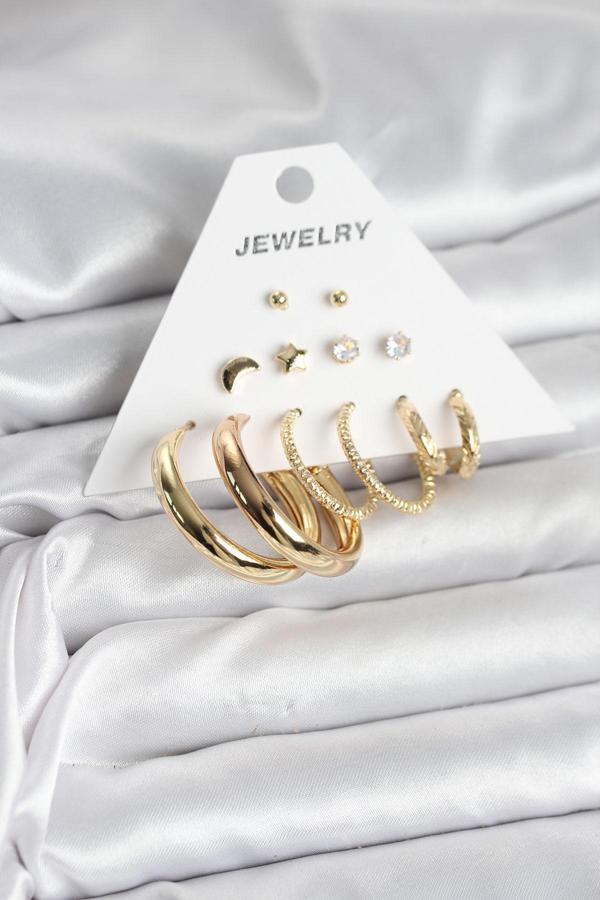 Gold Renk 6 Çiftli Pirinç Kadın Küpe Seti - EBJ251025W38250 - Image 1