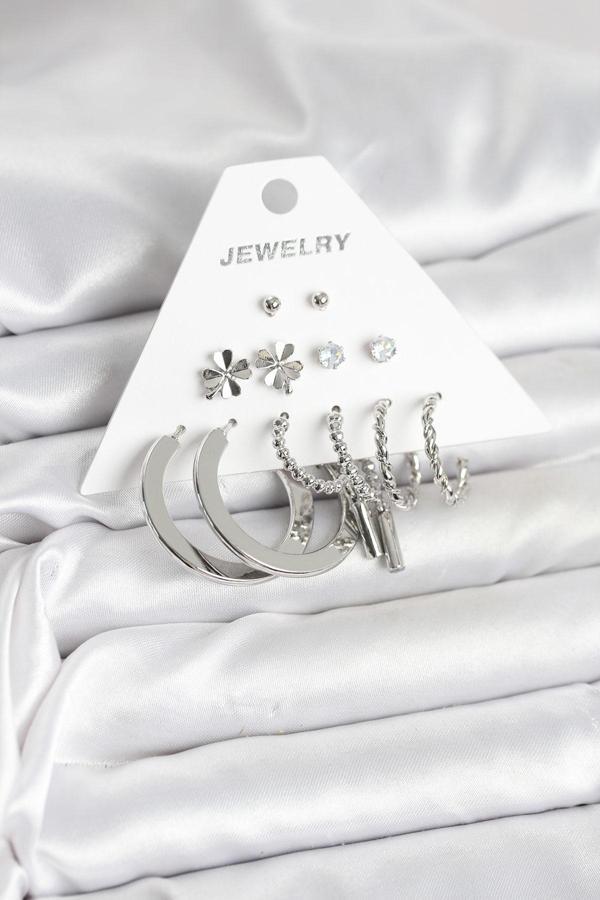 Pirinç Gümüş Renk 6 Çift Kadın Küpe Seti - EBJ251025W38257 - Image 1