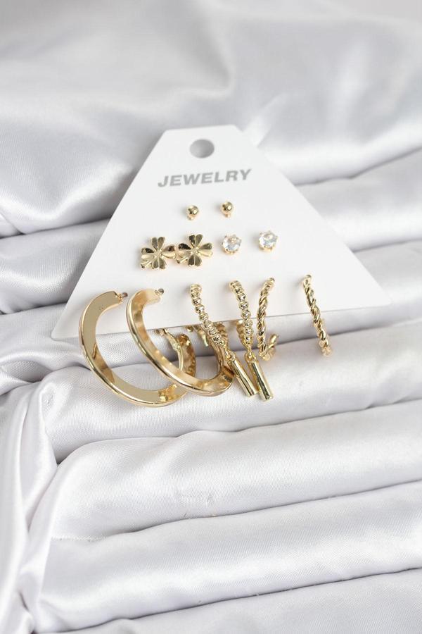 Pirinç Gold Renk 6 Çift Kadın Küpe Seti - EBJ251025W38252 - Image 1