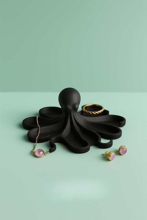 Pamuk'S Design Siyah Ahtapot Figürlü Sunumluk Banyo Sabunluk, Kahvaltı Tabağı, Takı Organizeri, Mumluk 14 X 14 Cm - Image 1