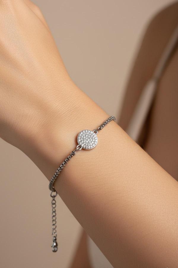 Gümüş Renk Yuvarlak Beyaz Taşlı Model Arnavut Zincir Çelik Bileklik - 3678 - Image 1