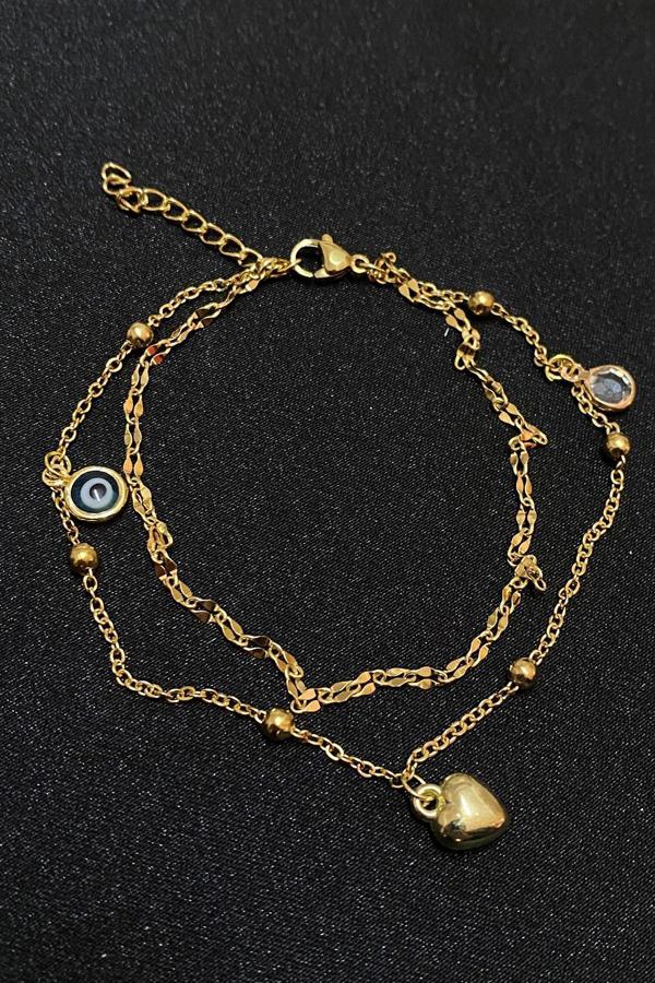 Altın Renk Nazar Göz Kalp Model Singapur Ve Top Zincir Çelik Halhal - 3298 - Image 1