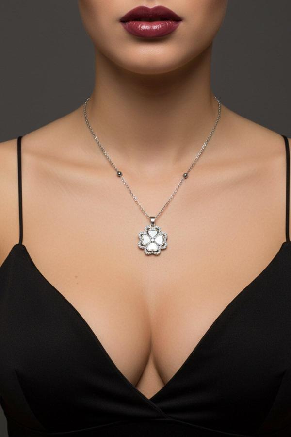 Gümüş Renk Beyaz Taş Van Cleff Yonca Model Top Zincir Çelik Kolye- 3782 - Image 1
