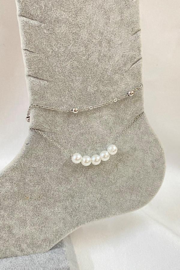 Gümüş Renk Beş İncili Model Top Ve Sf Zincir Çelik Halhal - 3272 - Image 1