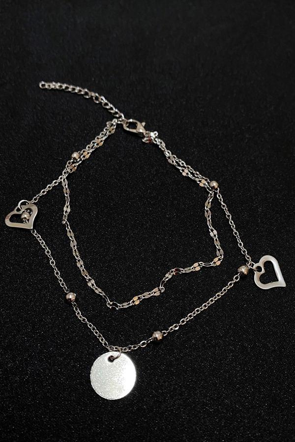 Gümüş Renk Pul Kalp  Model Singapur Ve Top Zincir Çelik Halhal - 3291 - Image 1