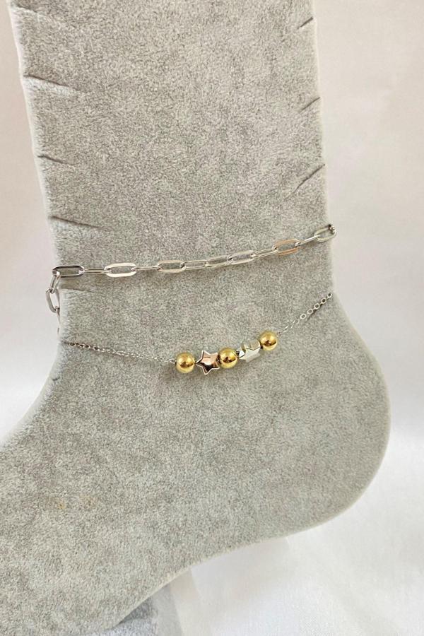 Gümüş Renk Küre Yıldız Model Esme Ve Sf Zincir Çelik Halhal - 3281 - Image 1