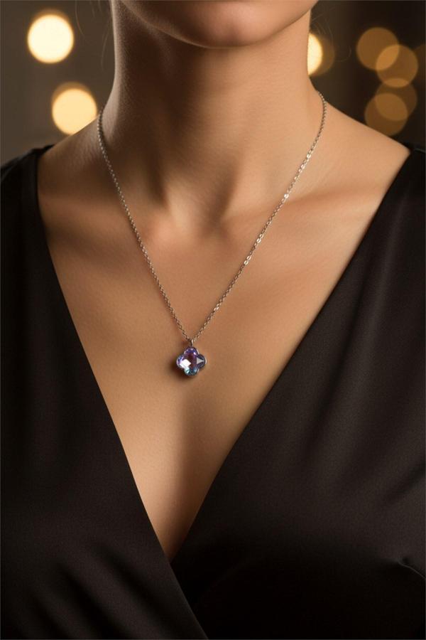 Gümüş Renk Morumsu Taş Beş Yapraklı Stilize Çiçek Model Sf Zincir Çelik Kolye -  3795 - Image 1