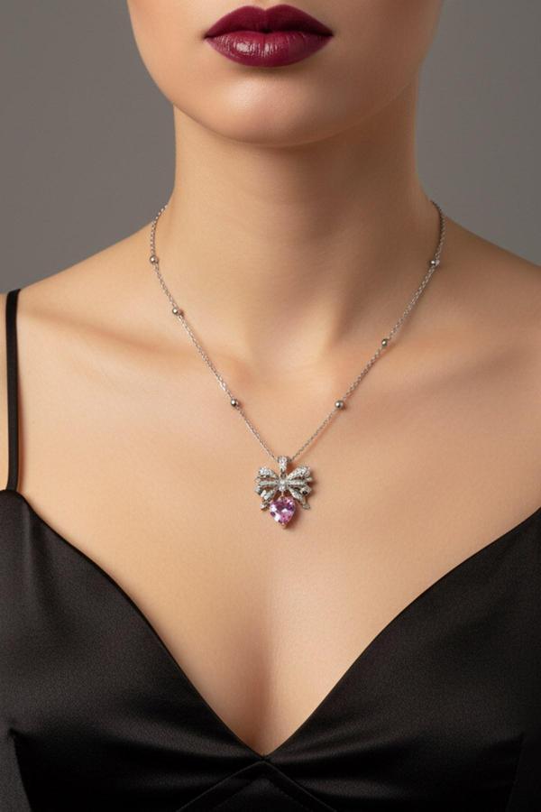 Gümüş Renk Fiyonk Pembe Kalp Model Top Zincir Çelik Kolye- 3765 - Image 1