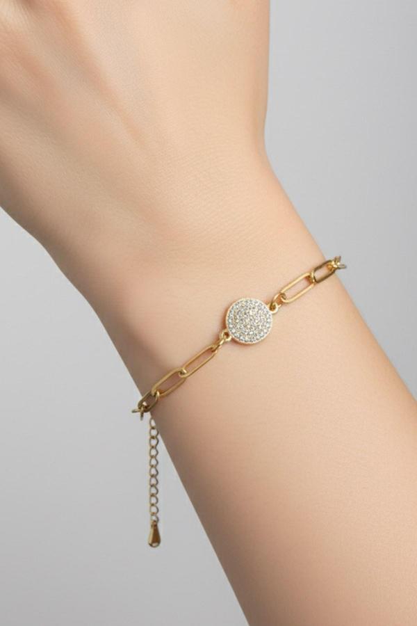 Altın Renk Yuvarlak Beyaz Model Ataç Zincir Çelik Bileklik - 3673 - Image 1