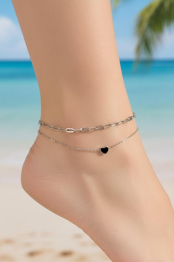 Gümüş Renk Kalp Model Esme Ve Sf Zincir Çelik Halhal - 3303 - Image 1