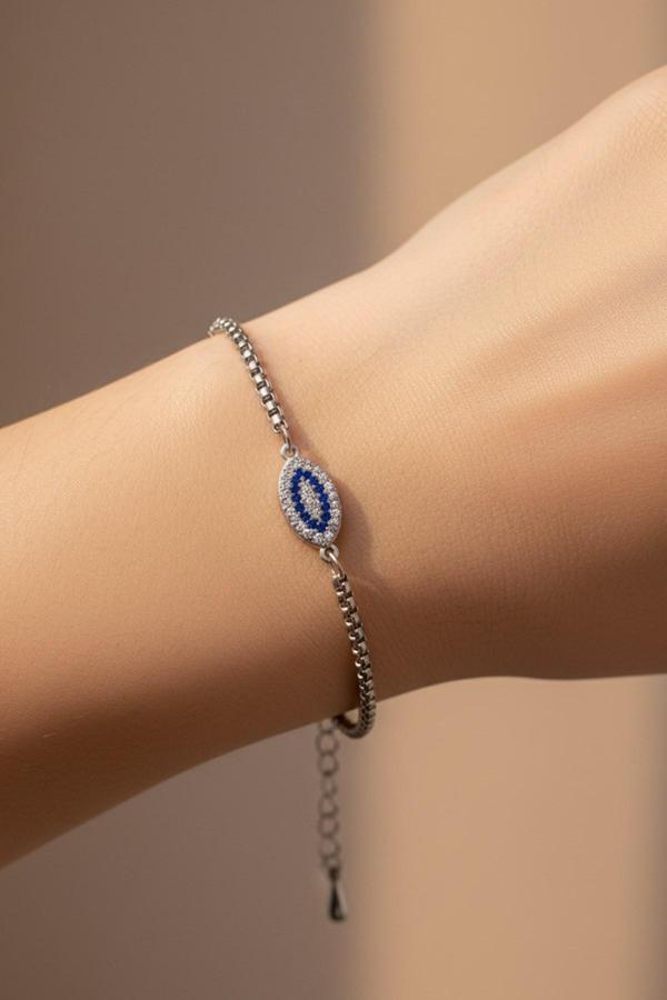 Gümüş Renk Mekik Göz Taşlı Model Arnavut Zincir Çelik Bileklik - 3679 - Image 1