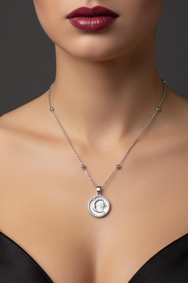 Gümüş Renk Beyaz Mineli Ay Yıldız Model Top Zincir Çelik Kolye - 3775 - Image 1