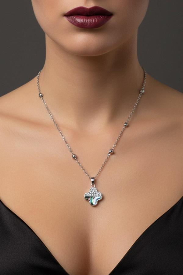 Gümüş Renk Van Cleef Yonca Taşlı Altı Sedef Model Top Zincir Çelik Kolye-  3776 - Image 1