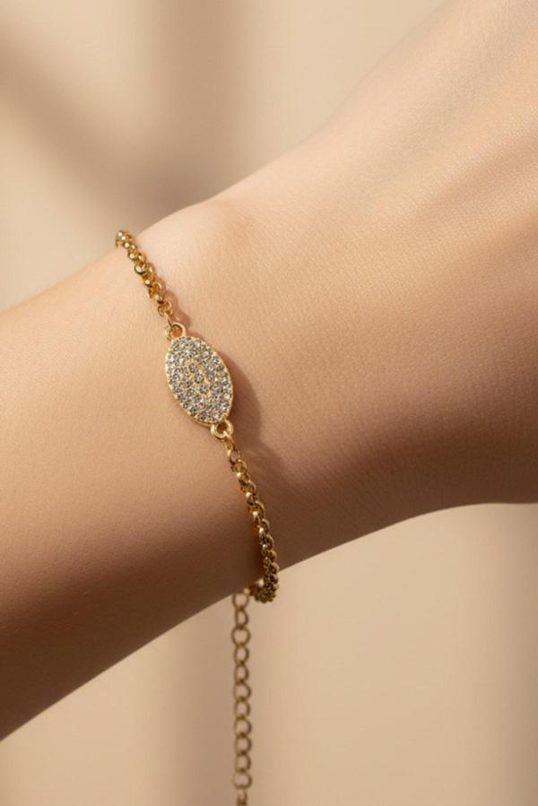 Altın Renk Mekik Beyaz Taşlı Model Doc Zincir Çelik Bileklik - 3676 - Image 1