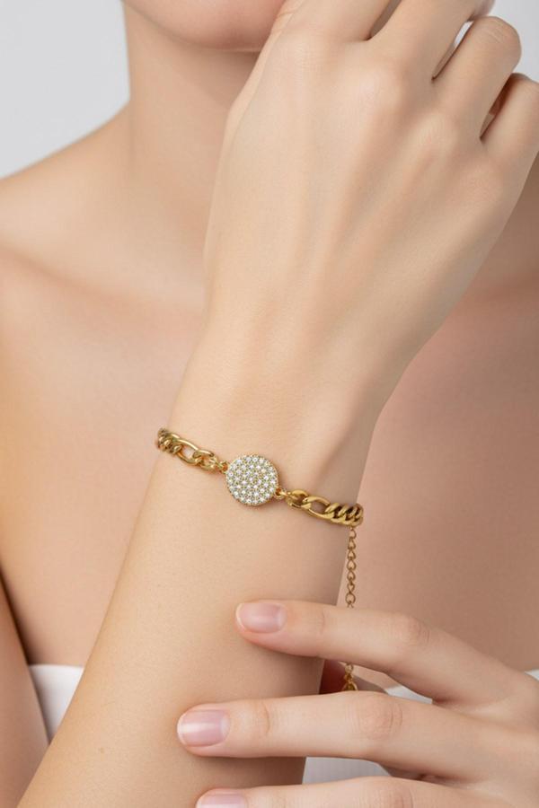 Altın Renk Yuvarlak Beyaz Model Şavin Zincir Çelik Bileklik - 3672 - Image 1