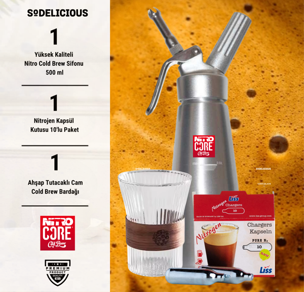 NitroCore Nitro Kahve Demleme Seti – 500 ml Paslanmaz Çelik Sifon + 10’lu Nitrojen Kartuş + 1 Cold Brew Bardak - Image 1