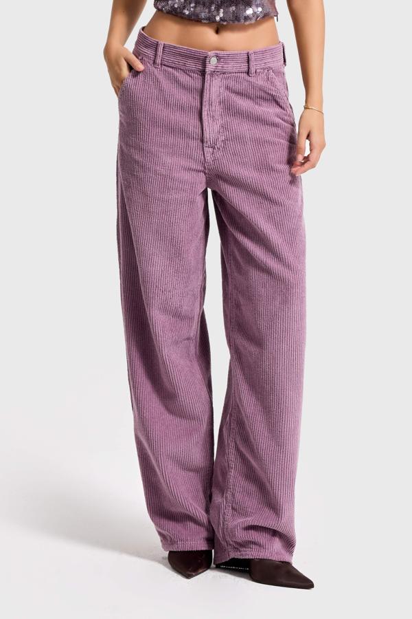 Kadın Lila Renk 29w5-111 Skater Fit Kalın Fitilli Velvet Kadife Kumaş Pantolon - Image 1