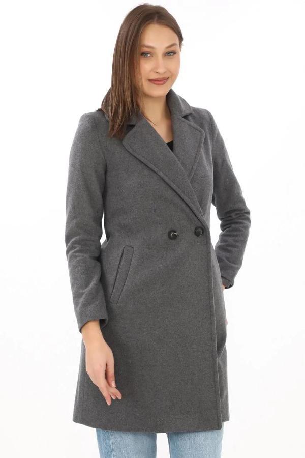 Kadın Kaşe Kaban – Siyah Yünlü Dokuma, Kruvaze Yaka, Astarlı, Cepli, Kuşaklı Uzun Boy Tesettür Uyuml - Image 1