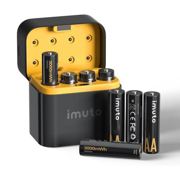 Imuto 3000mWh AA & 1300mWh AAA Lityum Şarjlı Pil Seti (4+4) Yuvalı Şarj Ünitesi - Image 1