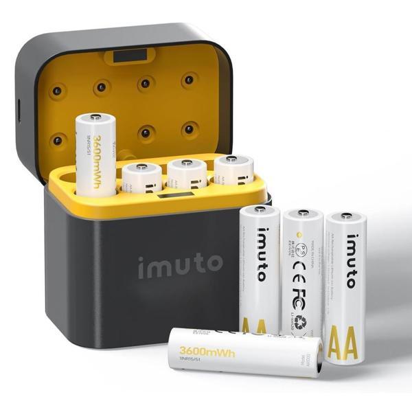 Imuto 3600 mWh AA Lityum Şarjlı Pil Seti (8’li) + 8 Yuvalı Şarj Ünitesi - Image 1
