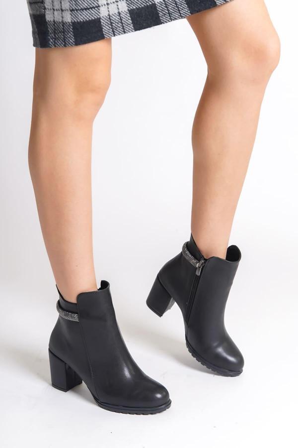 LIA Fermuarlı Ortopedik Taban Taşlı Topuklu Kadın Bot  CST - Siyah - Image 1