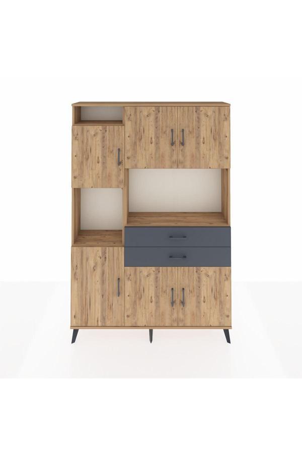 Dienni Arges Dolap 8 Raflı 2 Çekmeceli 6 Kapaklı 132 x 30 x 195 cm Çam - Çam - Antrasit - Image 1