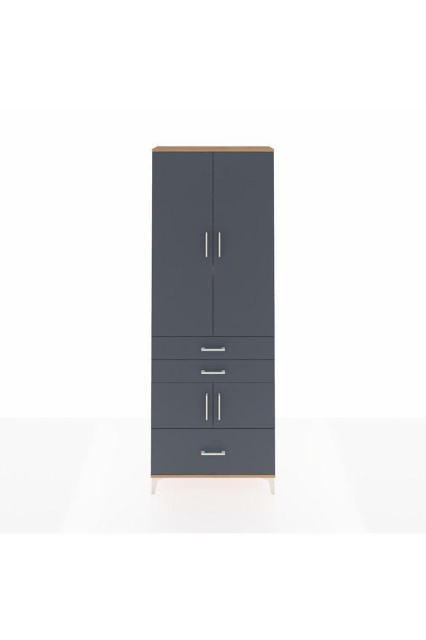 Arges Dolap 4 Raflı 3 Çekmeceli 4 Kapaklı 88x30x243 Çam-Antrasit - Image 1