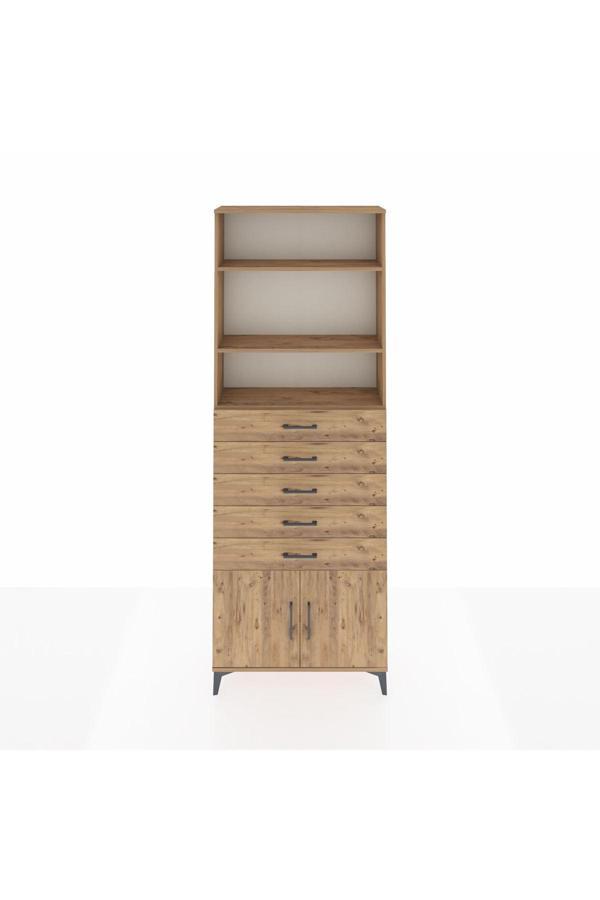 Arges Dolap 3 Raflı 5 Çekmeceli 2 Kapaklı 88x30x243 Çam-Çam - Image 1
