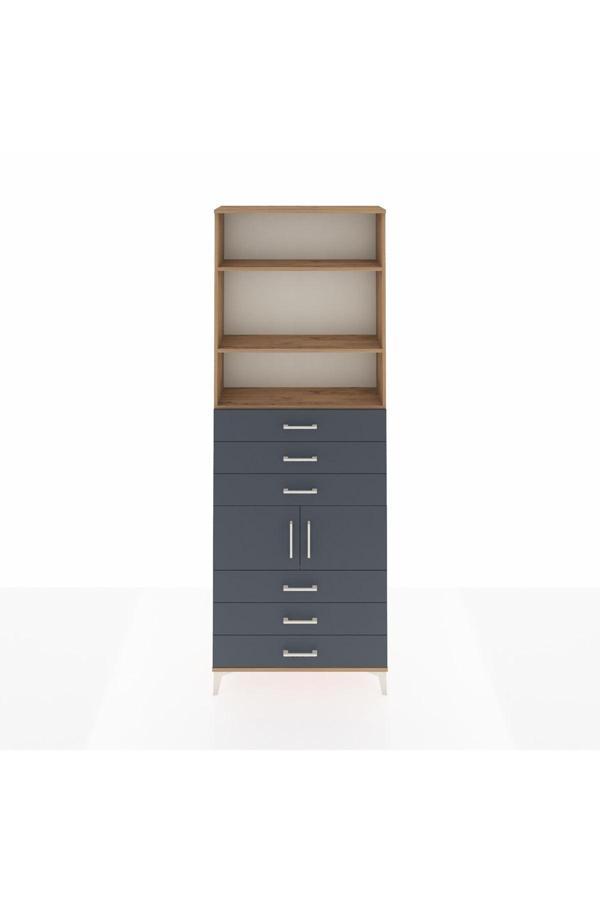 Arges Dolap 4 Raflı 6 Çekmeceli 2 Kapaklı 88x30x243 Çam-Antrasit - Image 1