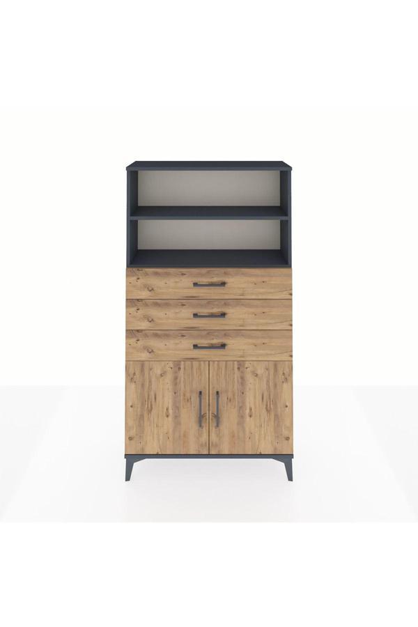 Arges Dolap 3 Raflı 3 Çekmeceli 2 Kapaklı 88x30x163 Antrasit-Çam - Image 1
