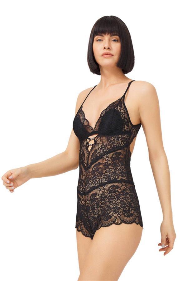 Siyah Çıtçıtlı Sırt Dekolteli Transparan Kaplı Dantelli Bodysuit - Image 1