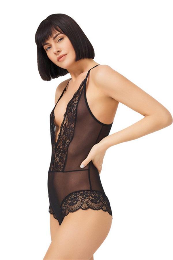 Siyah Çıtçıtlı Dantelli Transparan Sırt Çapraz İpli Bodysuit - Image 1