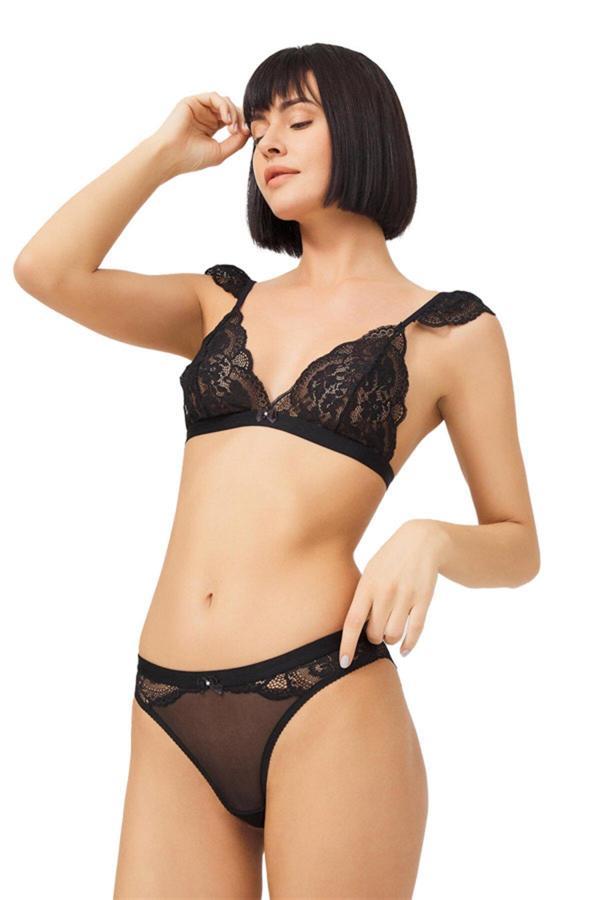 Siyah Dantelli Omuz Detaylı Transparan Üçgen Kadın Sütyen Takımı - Image 1