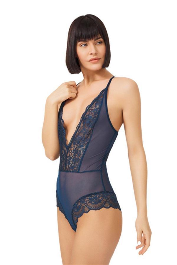 Petrol Yeşili Çıtçıtlı Dantel Transparan Sırt Çapraz İpli Bodysuit - Image 1