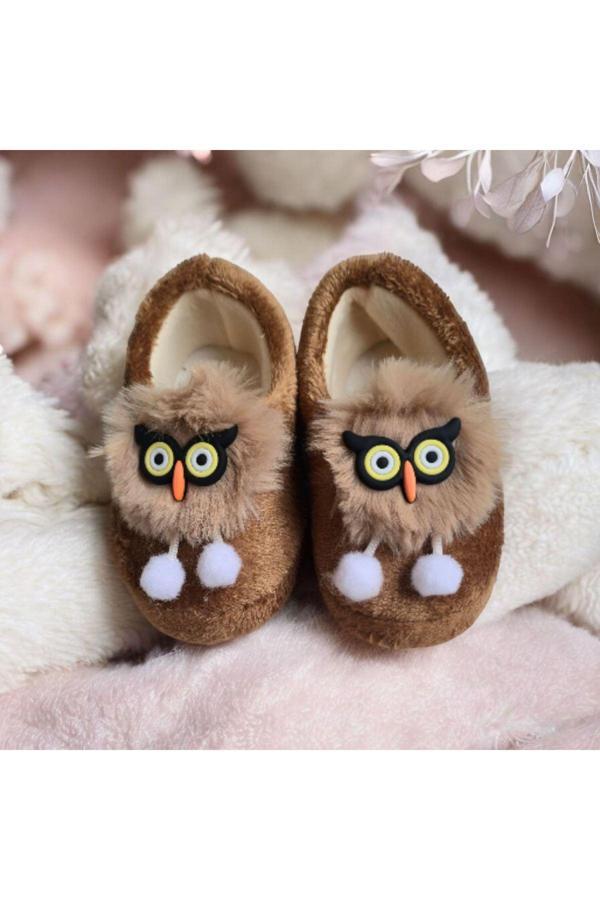 Çocuk Hayvan Figürlü Kahverengi Erkek Kız Unisex Panduf Kışlık Yumuşak Peluş Ev Ayakkabısı - Image 1