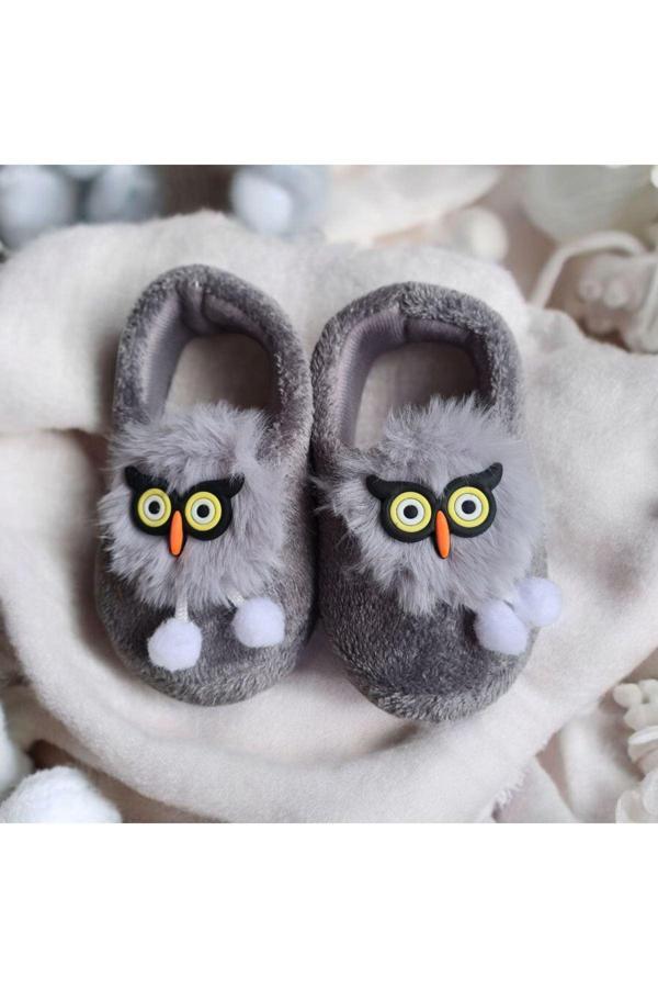 Erkek Çocuk Hayvan Figürlü Gri Panduf Kışlık Yumuşak Peluş Ev Kreş Ayakkabısı - Image 1