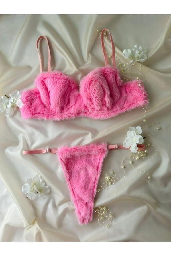 Pembe Peluş Sütyen ve String Takımı Kadın İç Çamaşırı Seti - Image 1