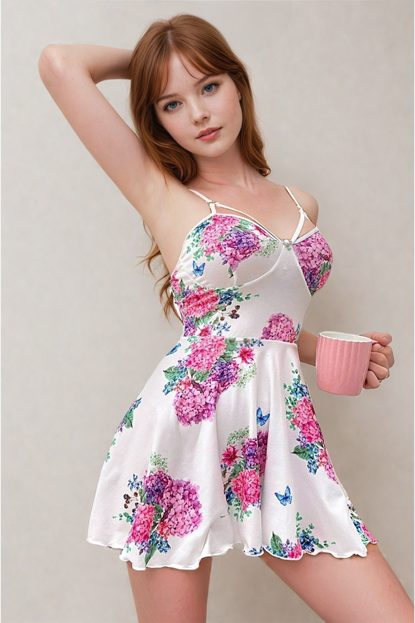 Kadın Kısa Çiçekli Kolsuz Askılı Mini Beyaz Gecelik - Image 1