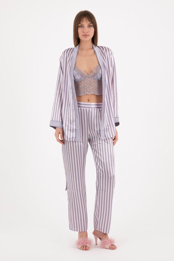 Kadın Üçlü Çizgili Sabahlıklı Gri Saten Çeyizlik Pijama Takımı - Image 1