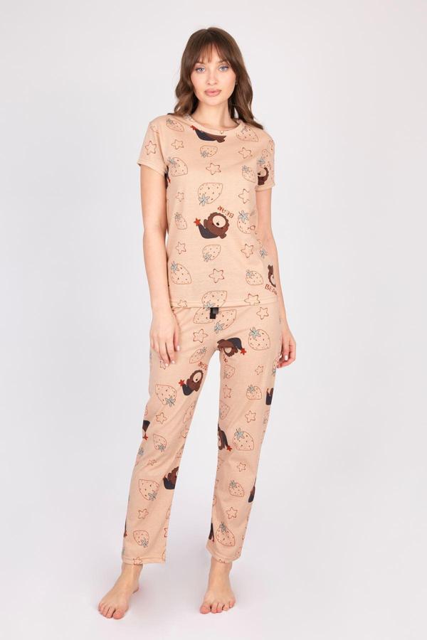 Kadın Kısa Kollu Pamuklu Ayıcıklı Çilekli Kahverengi Desenli Pijama Takımı - Image 1