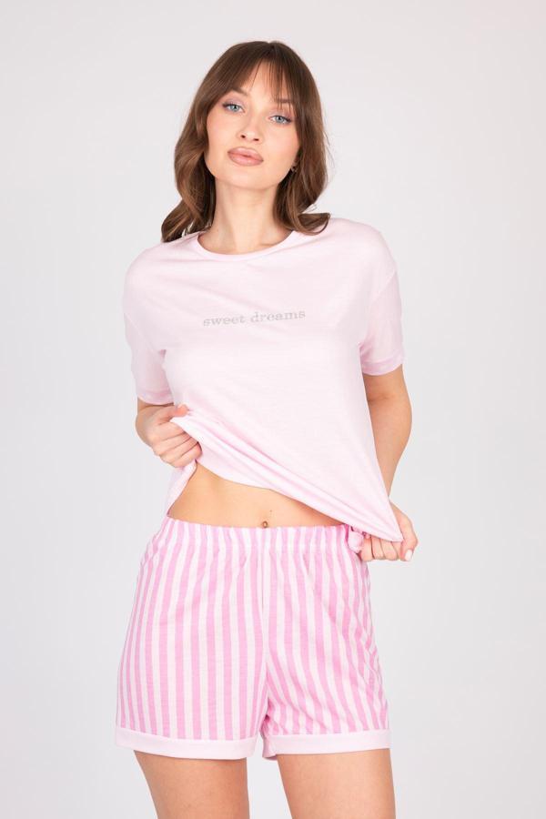 Kadın Taş Detaylı Pembe Şortlu Yazlık Pijama Takımı - Image 1