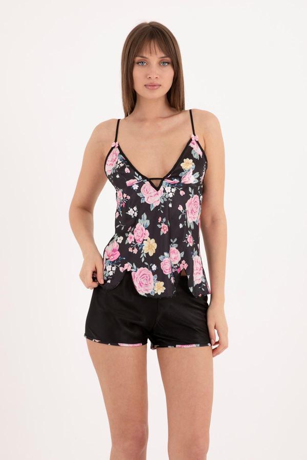 Çiçekli Siyah İp Askılı Kolsuz Saten Şortlu Pijama Takımı - Image 1