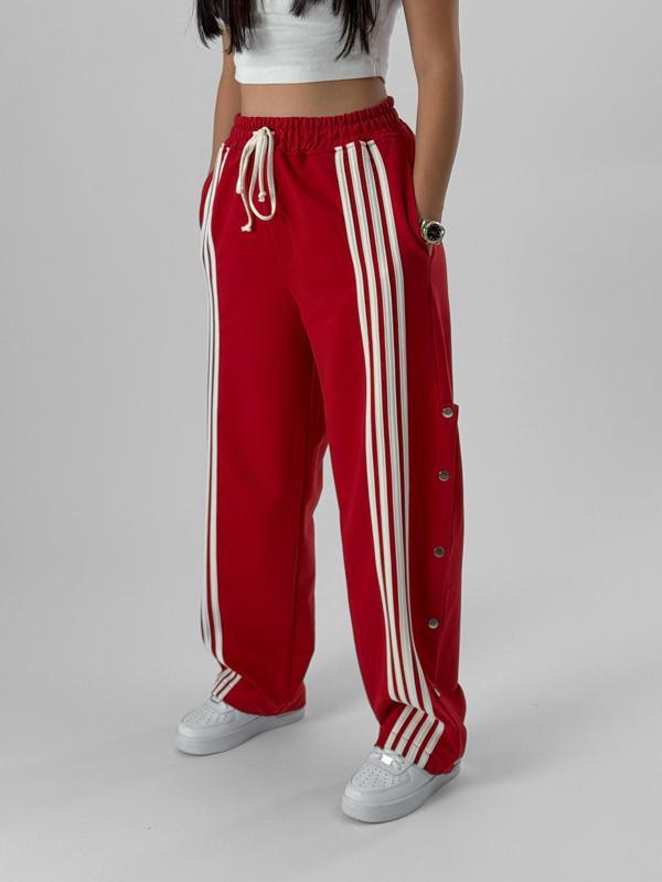 Kadın Şeritli Kırmızı Baggy Pantolon COC1080 - Image 1