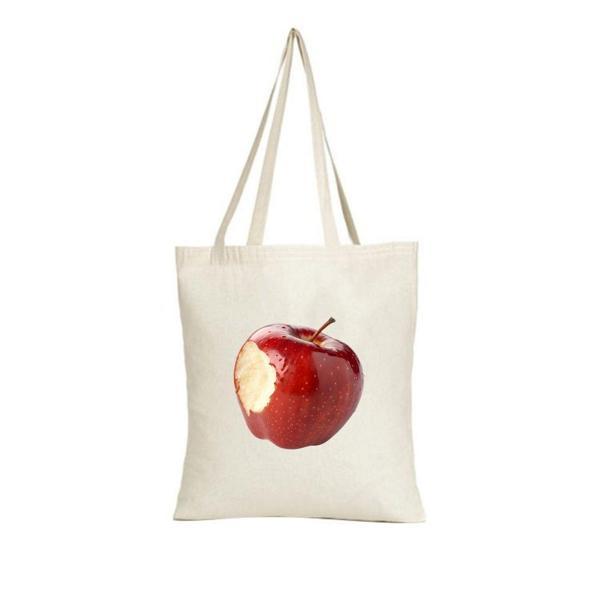 Isırılmış Elma Tasarımlı Bez Çanta – Modern Minimal Baskılı Omuz Çantası - Image 1