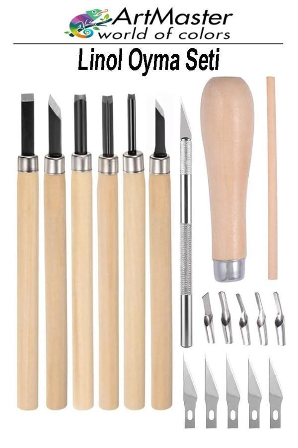 Linol Oyma Seti 19 Parça 1 Paket ve Kretuar Bıçak Seti Ahşap Saplı Oyma Kesme Bıçak Seti Linol Bıçaklı Linolyum Baskı - Image 1