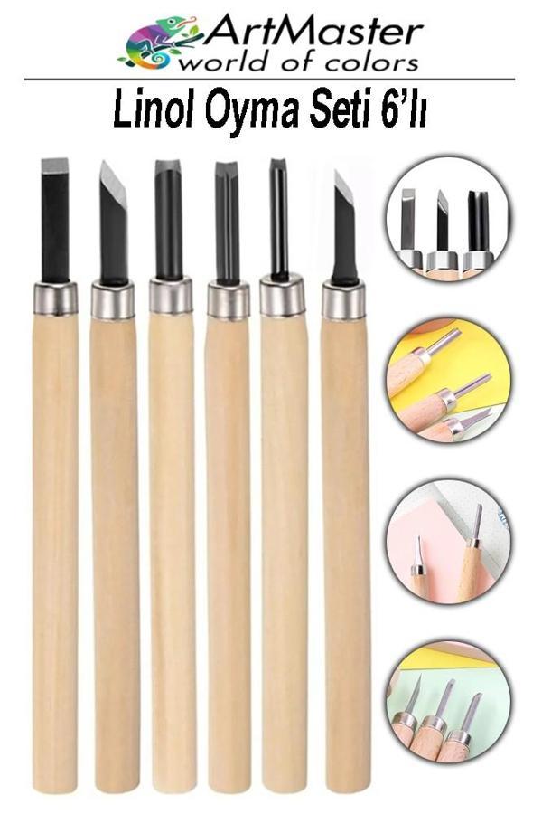Linol Oyma Seti 6 Parça 1 Paket Ahşap Saplı 6 Bıçaklı Linol Oyma Kesme Bıçak Seti Linolyum Baskı - Image 1