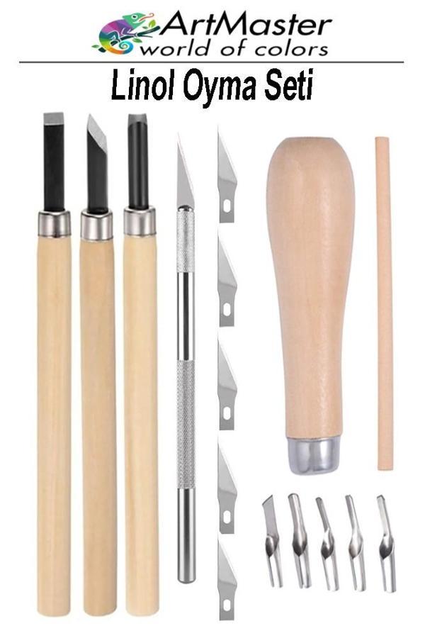 Linol Oyma Seti ve Kretuar Seti 16 Parça 1 Paket Linol Oyma Kesme Bıçak Seti Bıçaklı Linolyum Baskı Ahşap Saplı - Image 1