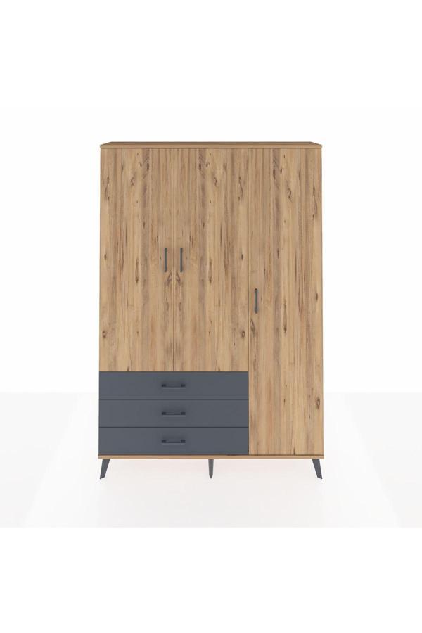 Dienni Arges Dolap 6 Raflı 3 Çekmeceli Tek Askılı 132 x 30 x 195 Çam-Çam/Antrasit - Image 1